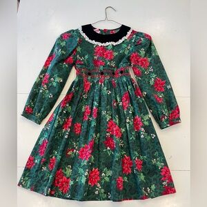 Vintage Polly Flinders holiday Christmas Dress Floral Smocked Collar Long Sleeve